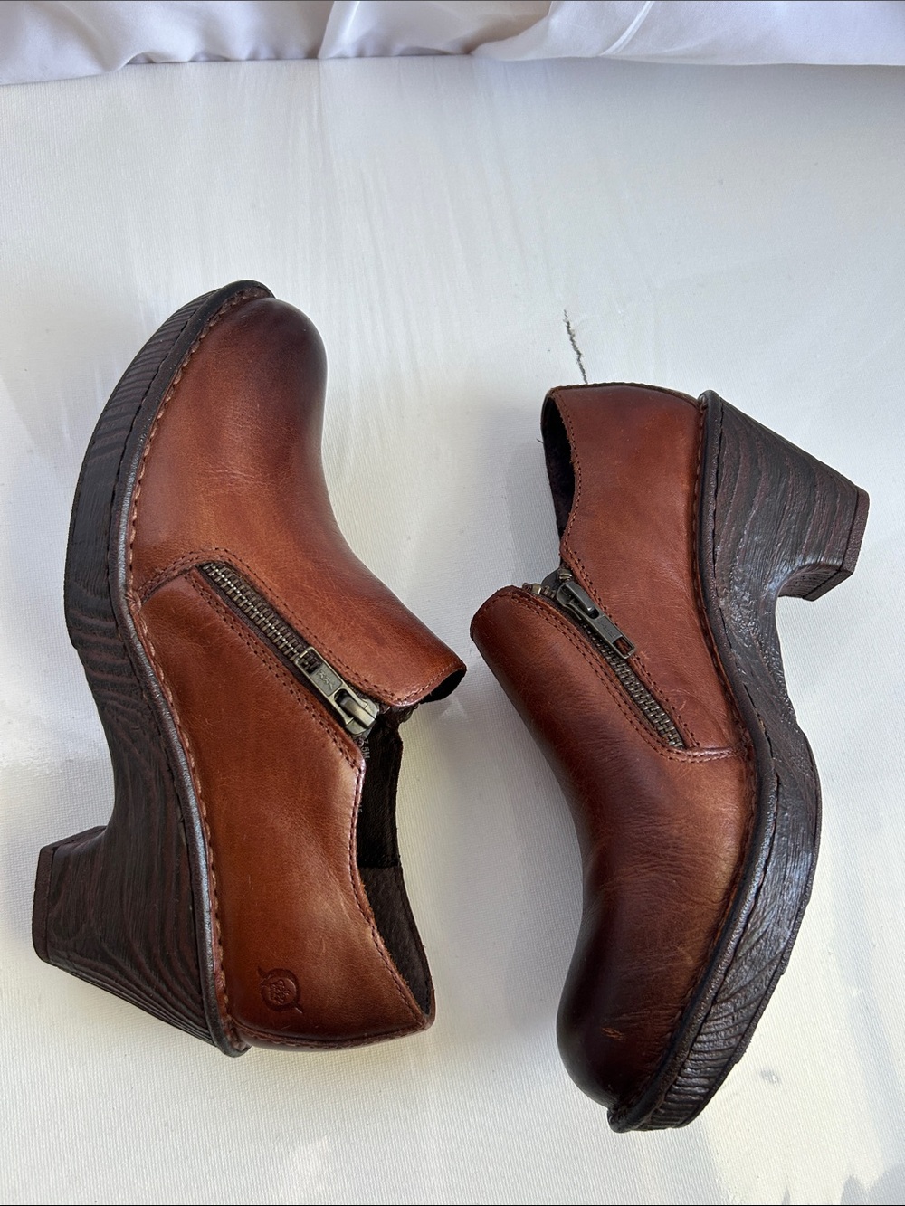 Born Cognac Brown Leather Side-Zip Heeled Clogs